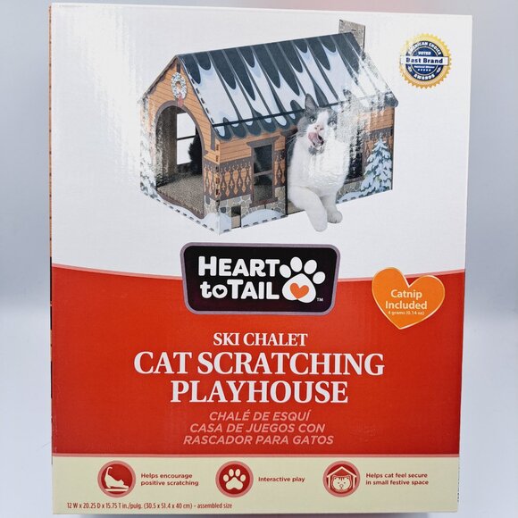 Christmas Ski Chalet Winter Cat Small Pet House with Cardboard Scratching Board - Picture 2 of 6